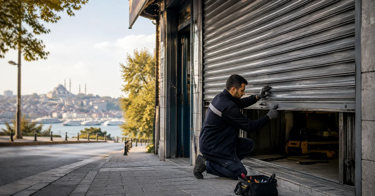 Bakırköy’de iş yeri otomatik kepengini kontrol eden teknik servis çalışanı