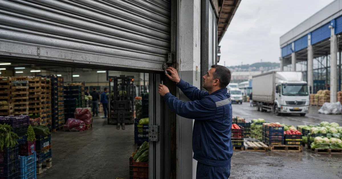 Bayrampaşa Sebze Hali içinde servis aracı yanında geniş açıklıklı otomatik kepenk görünümü