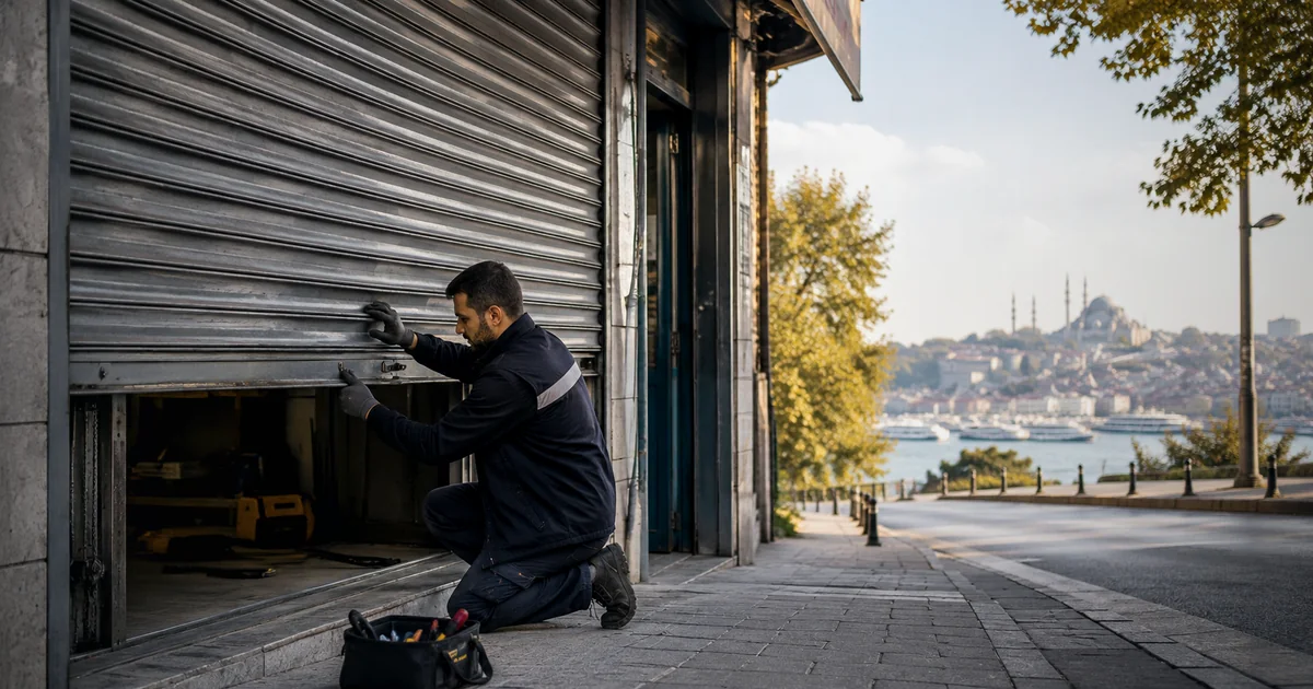 Cihangir’de mağaza kepengini güvenli şekilde kontrol eden servis teknisyeni