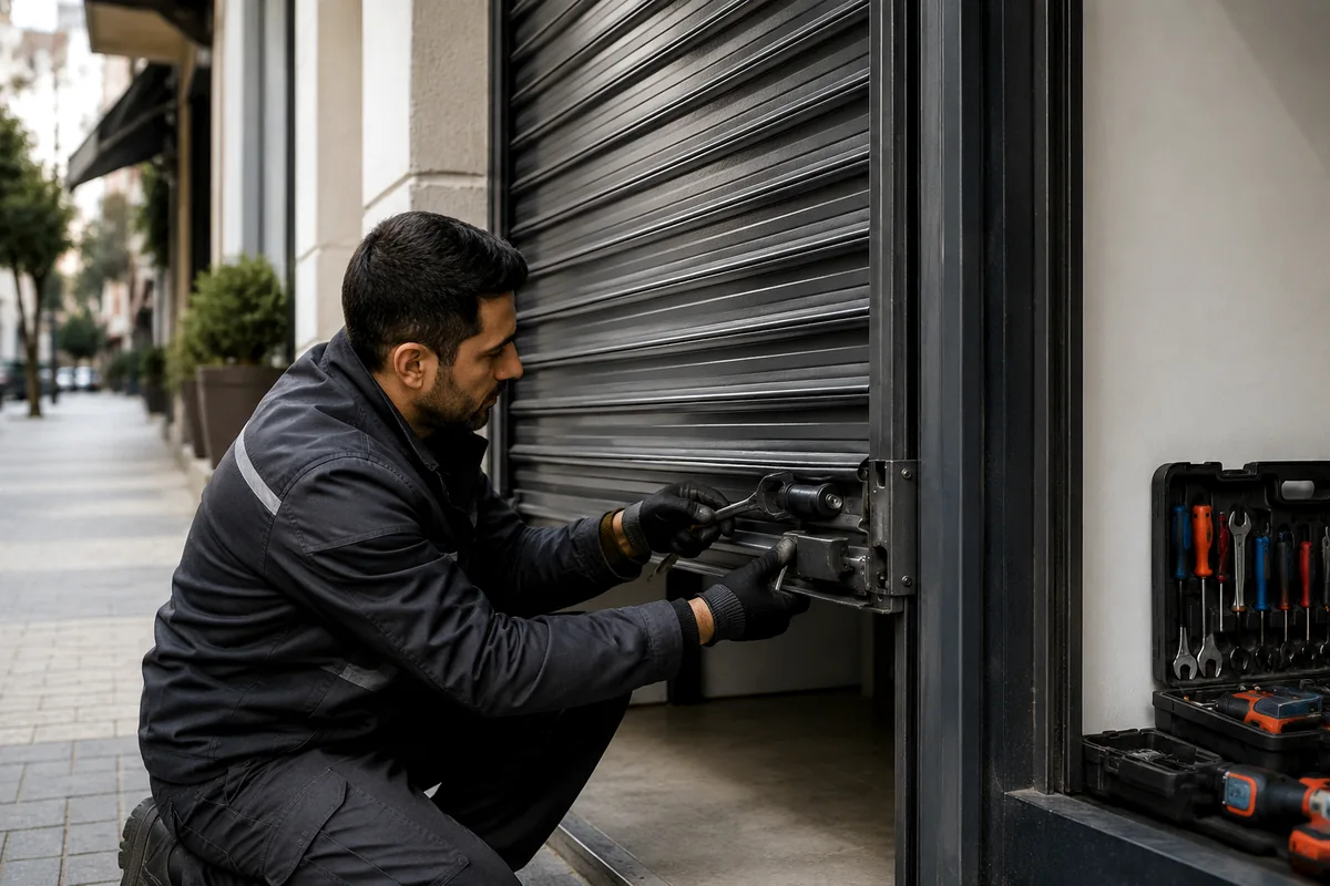 Cihangir’de kepenk rayı, alt profil ve kilit bölgesini güvenli ekipmanla kontrol eden teknisyen