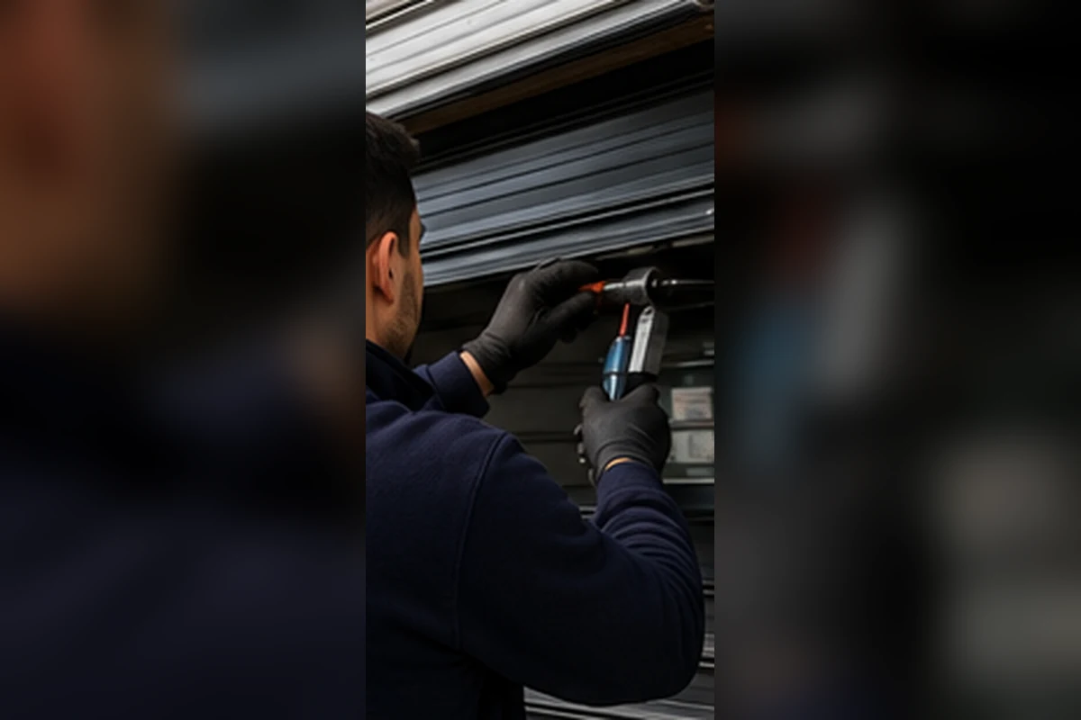 Otomatik kepenk üzerinde güvenli dış mekanik kontrol yapan teknisyen