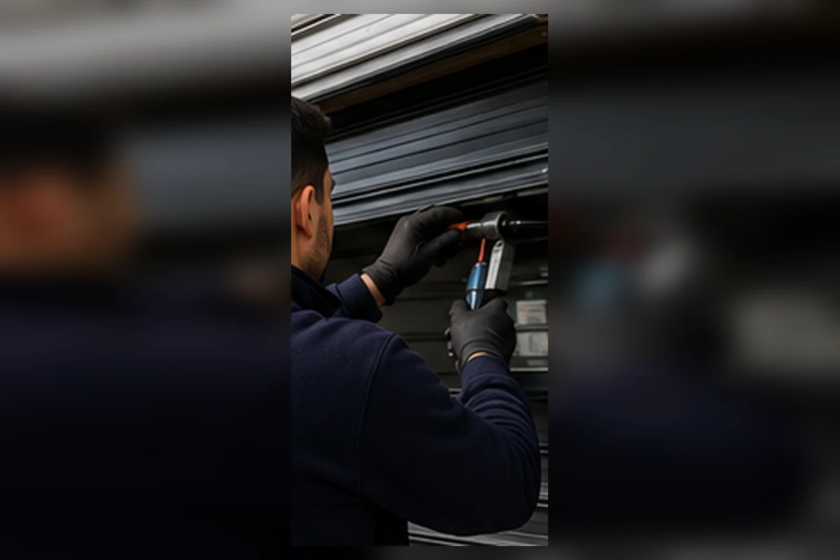 Otomatik kepenk ray ve bağlantı noktalarını dışarıdan kontrol eden teknisyen