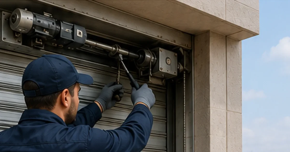 Maltepe otomatik kepenk tamiri için motor ve üst mekanizmayı dışarıdan kontrol eden teknik servis çalışanı