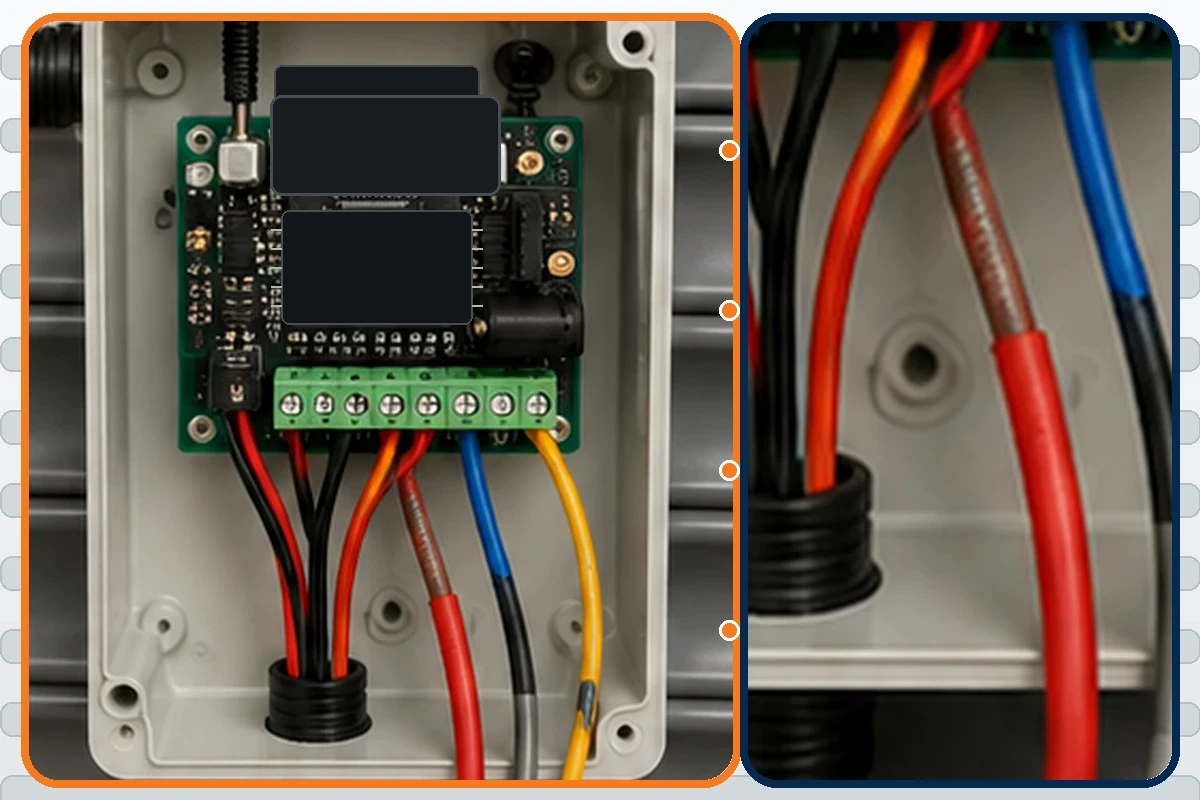 Otomatik kepenk alıcı kartı klemens ve elektronik bileşenlerinin teknik yakın planı
