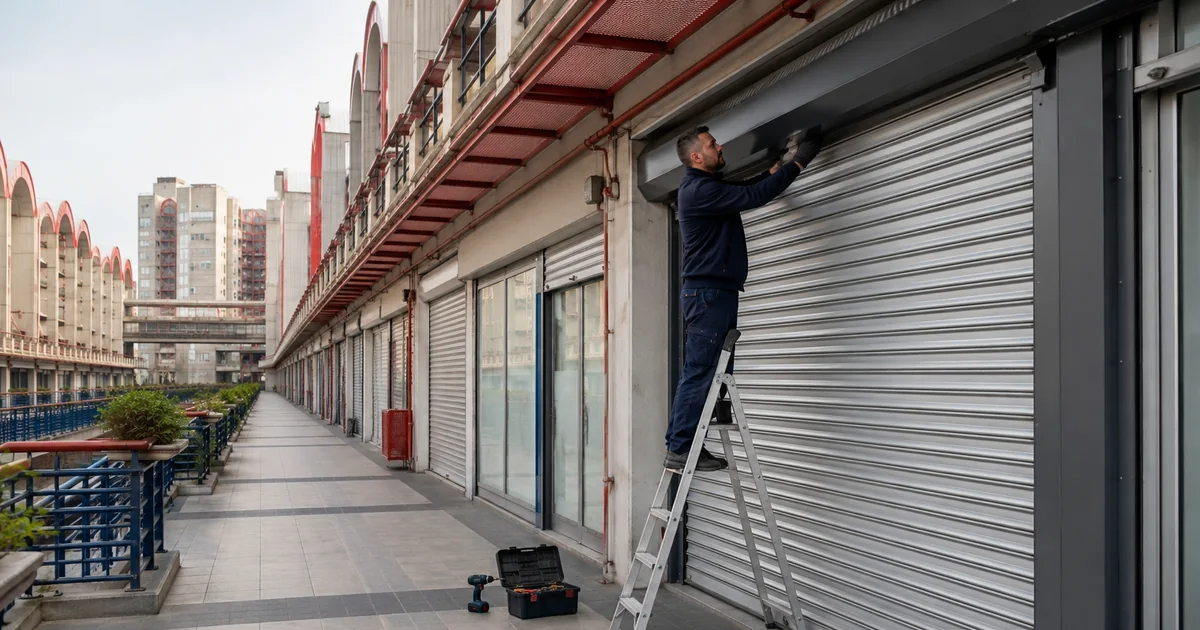 PERPA Ticaret Merkezi koridorunda otomatik kepenk kontrolü yapan teknik servis çalışanı