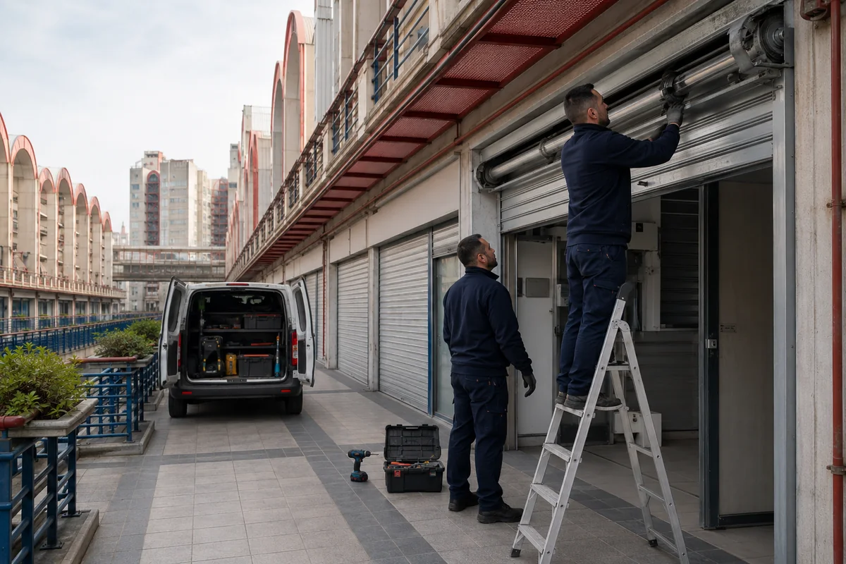 PERPA dükkân kepenginde servis ve son kontrol yapan teknik ekip