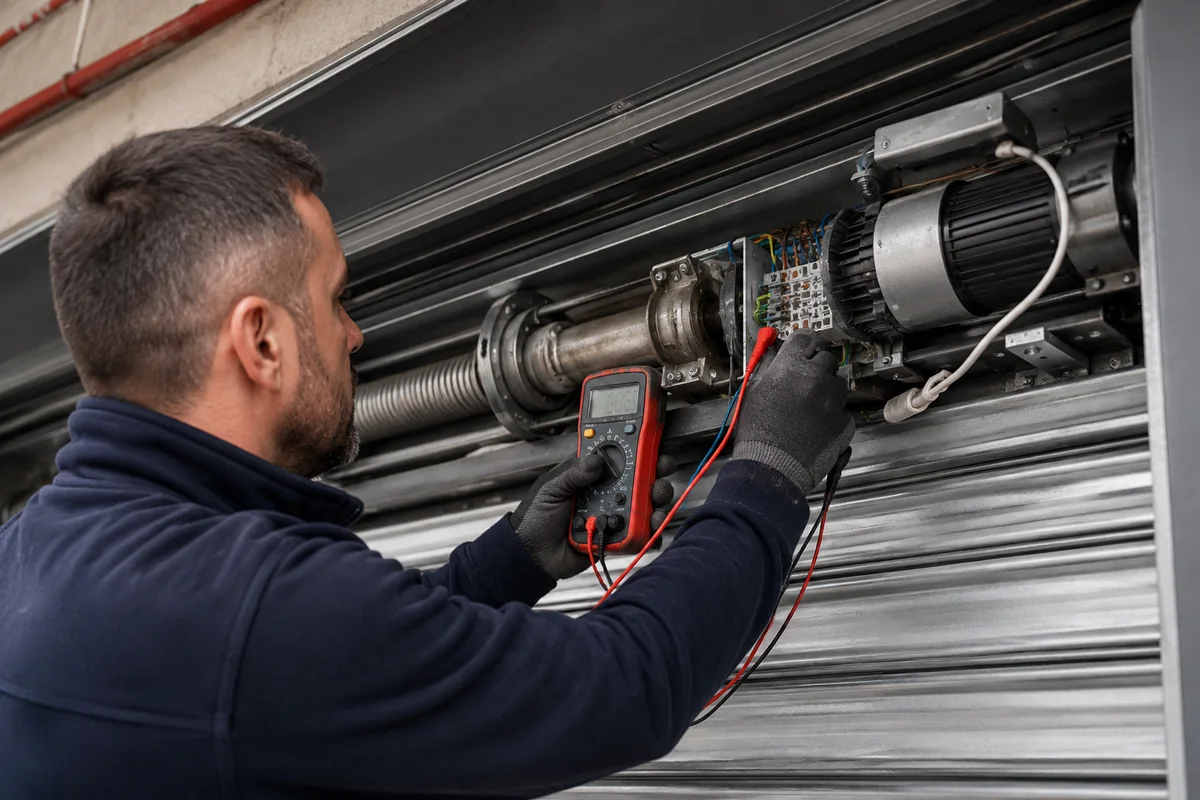 PERPA otomatik kepenk motoru ve kontrol kartında ölçüm yapan teknisyen