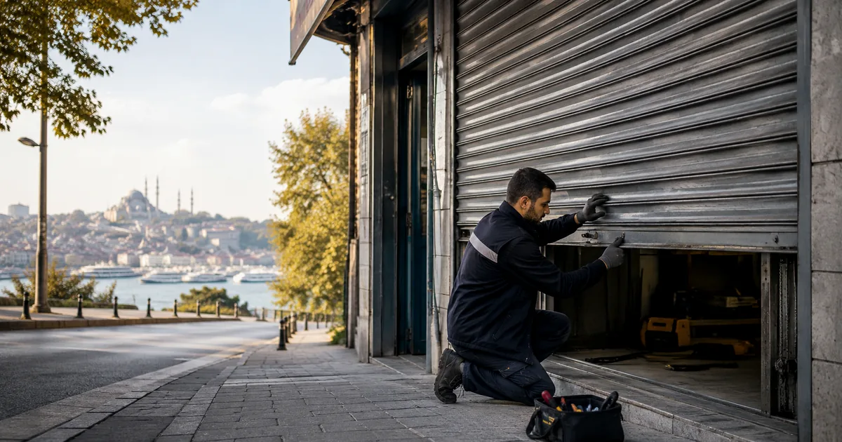 Sultanbeyli’de iş yeri otomatik kepengini kontrol eden teknik servis çalışanı