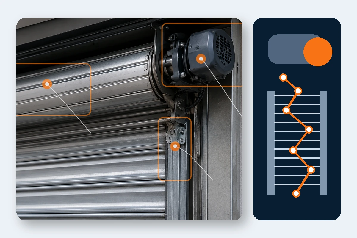 Tekstilkent kepenk sisteminde motor, ray, perde ve kontrol noktalarının teknik şeması